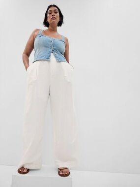 Gap White Linen Cotton Blend Pleated Trouser Wide Leg High Rise Pant SZ 14 Long